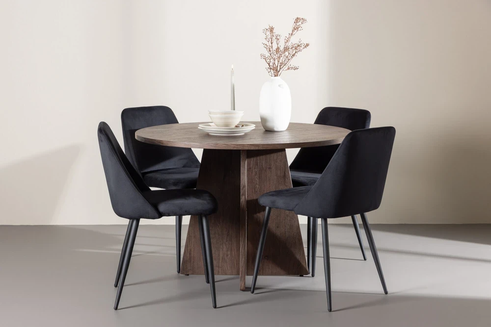 Venture Design Valgomojo komplektas Bootcut stalas ir naktinės kėdės 110 cm, moka ir juodas MDF