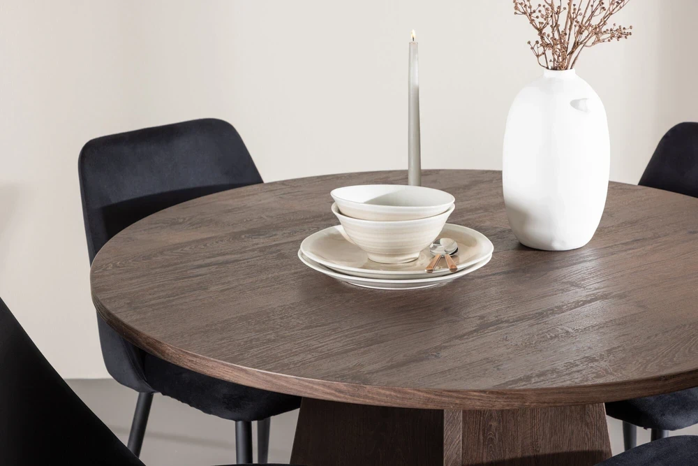 Venture Design Valgomojo komplektas Bootcut stalas ir naktinės kėdės 110 cm, moka ir juodas MDF