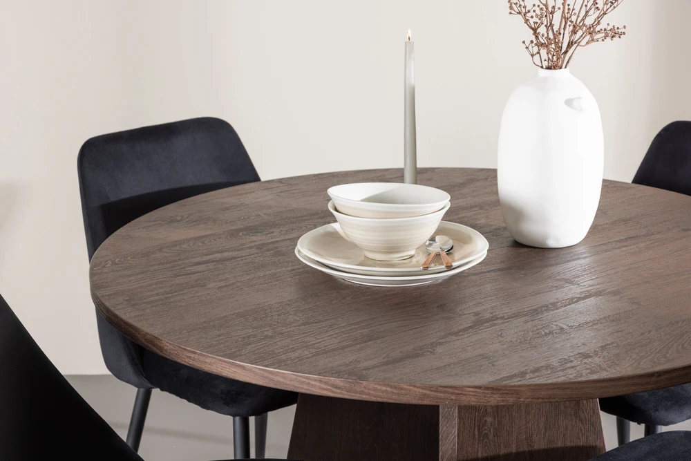 Venture Design Valgomojo komplektas Bootcut stalas ir naktinės kėdės 110 cm, moka ir juodas MDF