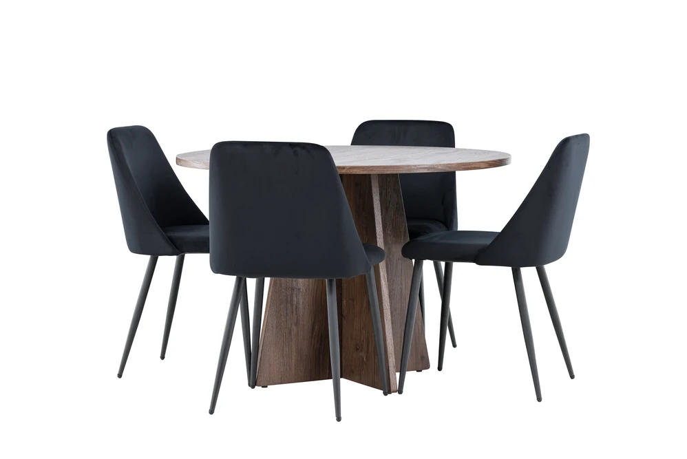 Venture Design Valgomojo komplektas Bootcut stalas ir naktinės kėdės 110 cm, moka ir juodas MDF