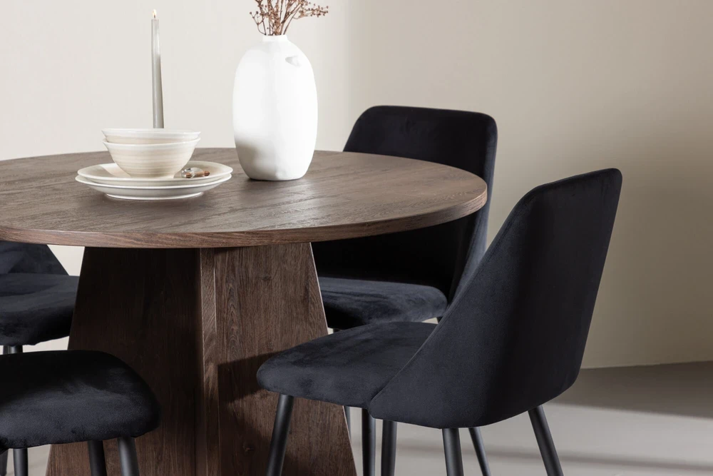 Venture Design Valgomojo komplektas Bootcut stalas ir naktinės kėdės 110 cm, moka ir juodas MDF