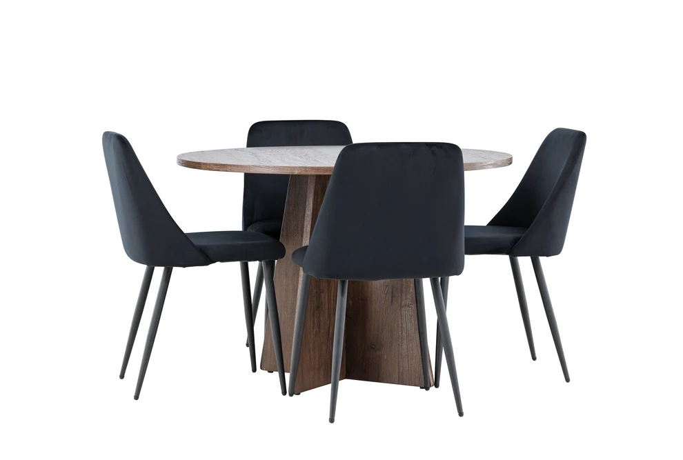 Venture Design Valgomojo komplektas Bootcut stalas ir naktinės kėdės 110 cm, moka ir juodas MDF