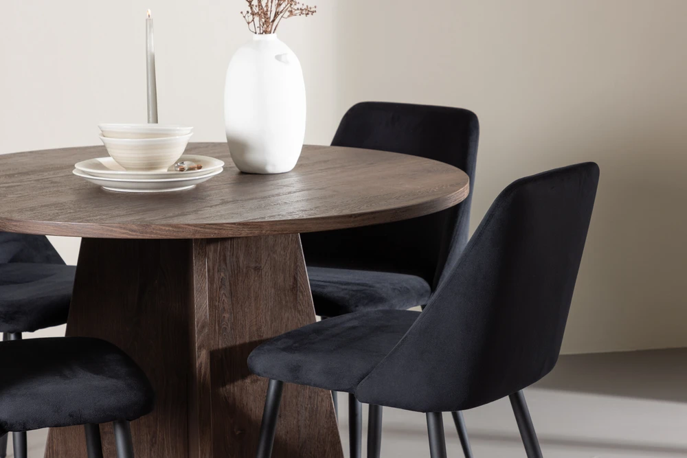 Venture Design Valgomojo komplektas Bootcut stalas ir naktinės kėdės 110 cm, moka ir juodas MDF