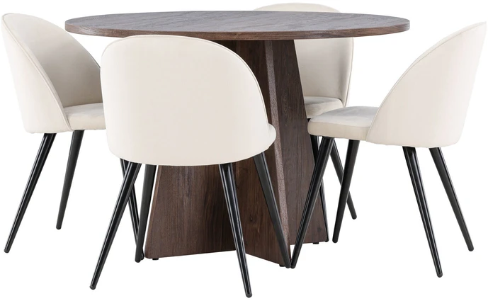 Venture Design Valgomojo komplektas Bootcut valgomojo stalas su aksominėmis valgomojo kėdėmis 110 cm moka smėlio spalvos