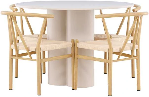 Venture Design Valgomojo komplektas Olivia valgomojo stalas su Alfons valgomojo kėdė 110 cm smėlio spalvos MDF rotangas metalas