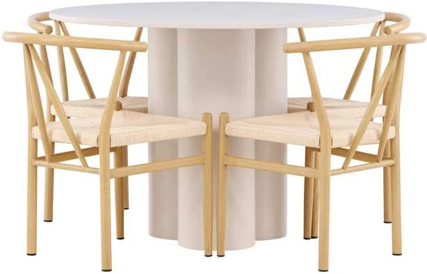 Venture Design Valgomojo komplektas Olivia valgomojo stalas su Alfons valgomojo kėdė 110 cm smėlio spalvos MDF rotangas metalas