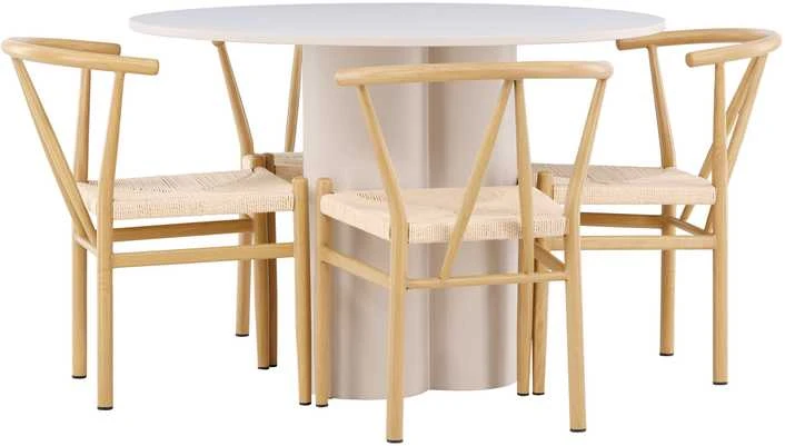 Venture Design Valgomojo komplektas Olivia valgomojo stalas su Alfons valgomojo kėdė 110 cm smėlio spalvos MDF rotangas metalas