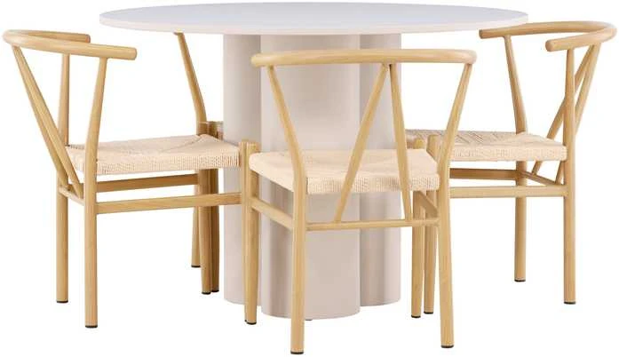 Venture Design Valgomojo komplektas Olivia valgomojo stalas su Alfons valgomojo kėdė 110 cm smėlio spalvos MDF rotangas metalas