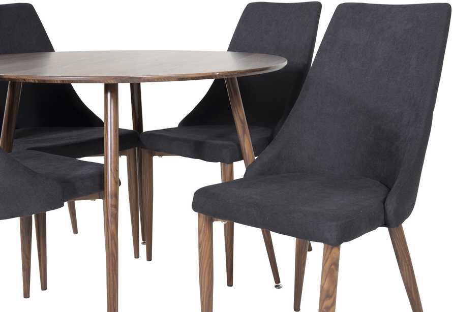 Venture Design Valgomojo komplektas Plaza apvalus stalas 100 cm riešutas, Leone valgomojo kėdė juoda medžiaga riešutas