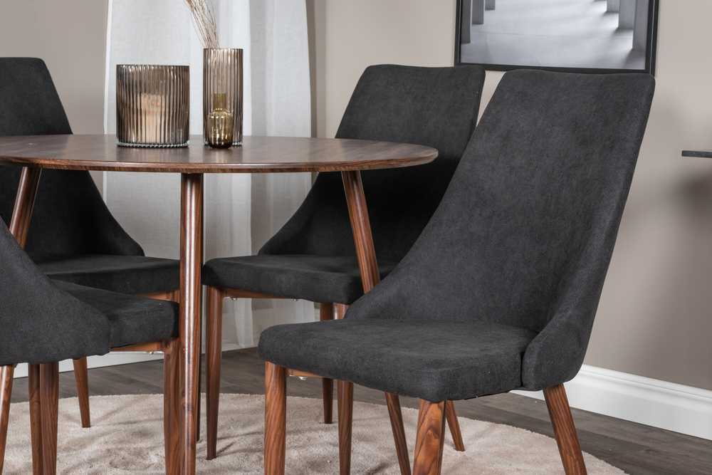 Venture Design Valgomojo komplektas Plaza apvalus stalas 100 cm riešutas, Leone valgomojo kėdė juoda medžiaga riešutas