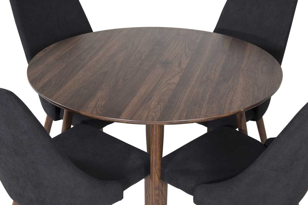 Venture Design Valgomojo komplektas Plaza apvalus stalas 100 cm riešutas, Leone valgomojo kėdė juoda medžiaga riešutas