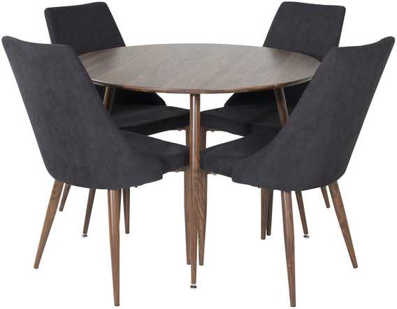 Venture Design Valgomojo komplektas Plaza apvalus stalas 100 cm riešutas, Leone valgomojo kėdė juoda medžiaga riešutas