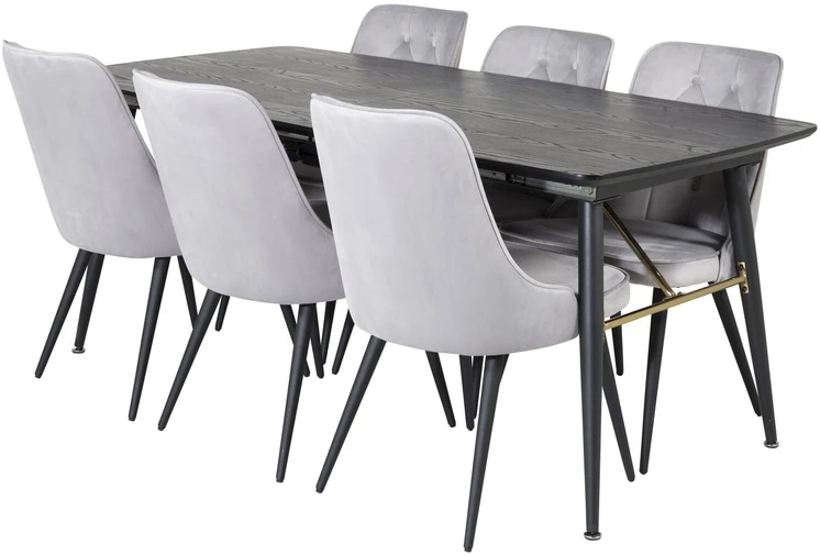 Venture Design Valgomojo stalas, auksinė išplėtimas, 180x85 cm, juodas, Valgomasis kėdė, Veltinio prabanga, 88.5x50 cm, šviesiai pilka