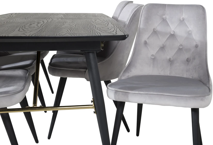 Venture Design Valgomojo stalas, auksinė išplėtimas, 180x85 cm, juodas, Valgomasis kėdė, Veltinio prabanga, 88.5x50 cm, šviesiai pilka