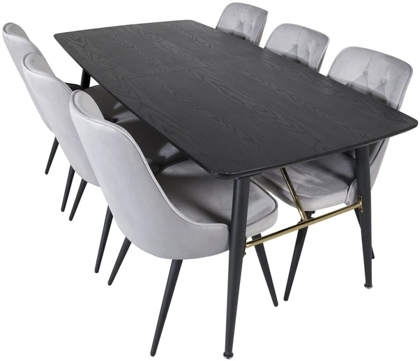 Venture Design Valgomojo stalas, auksinė išplėtimas, 180x85 cm, juodas, Valgomasis kėdė, Veltinio prabanga, 88.5x50 cm, šviesiai pilka