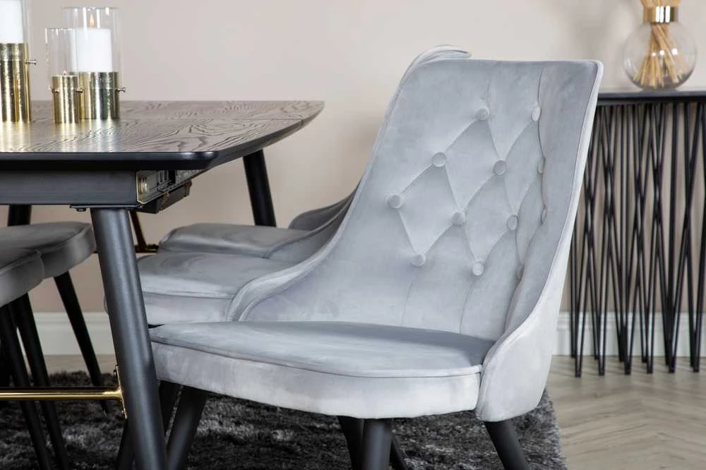 Venture Design Valgomojo stalas, auksinė išplėtimas, 180x85 cm, juodas, Valgomasis kėdė, Veltinio prabanga, 88.5x50 cm, šviesiai pilka