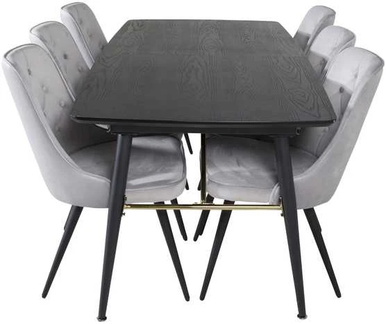 Venture Design Valgomojo stalas, auksinė išplėtimas, 180x85 cm, juodas, Valgomasis kėdė, Veltinio prabanga, 88.5x50 cm, šviesiai pilka