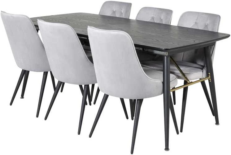 Venture Design Valgomojo stalas, auksinė išplėtimas, 180x85 cm, juodas, Valgomasis kėdė, Veltinio prabanga, 88.5x50 cm, šviesiai pilka