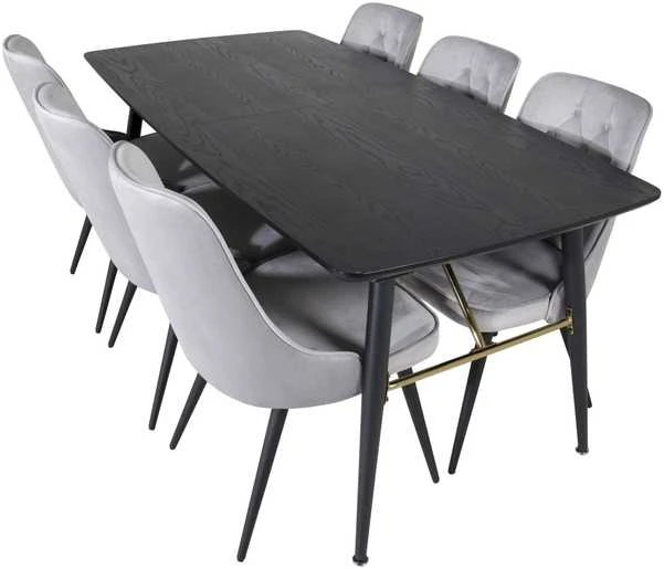 Venture Design Valgomojo stalas, auksinė išplėtimas, 180x85 cm, juodas, Valgomasis kėdė, Veltinio prabanga, 88.5x50 cm, šviesiai pilka