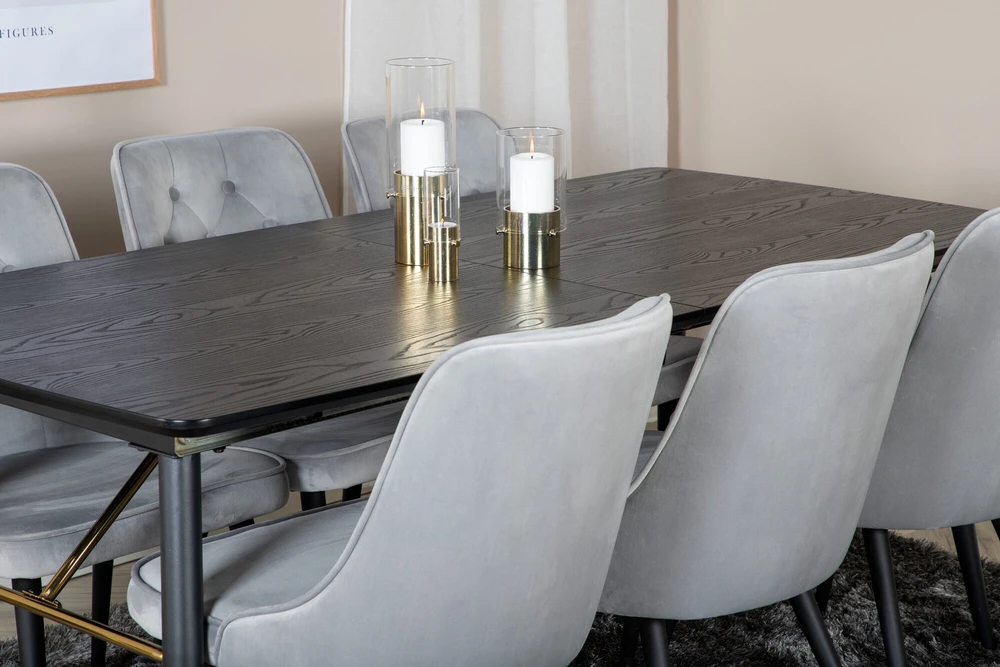 Venture Design Valgomojo stalas, auksinė išplėtimas, 180x85 cm, juodas, Valgomasis kėdė, Veltinio prabanga, 88.5x50 cm, šviesiai pilka