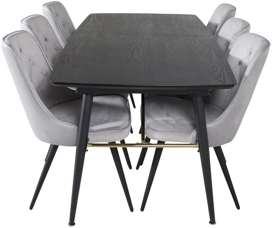 Venture Design Valgomojo stalas, auksinė išplėtimas, 180x85 cm, juodas, Valgomasis kėdė, Veltinio prabanga, 88.5x50 cm, šviesiai pilka