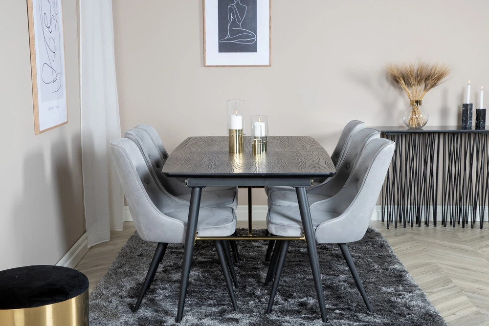 Venture Design Valgomojo stalas, auksinė išplėtimas, 180x85 cm, juodas, Valgomasis kėdė, Veltinio prabanga, 88.5x50 cm, šviesiai pilka
