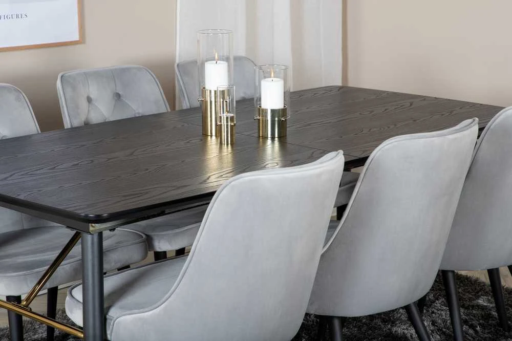 Venture Design Valgomojo stalas, auksinė išplėtimas, 180x85 cm, juodas, Valgomasis kėdė, Veltinio prabanga, 88.5x50 cm, šviesiai pilka