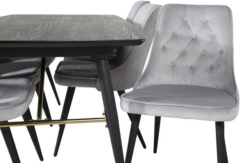 Venture Design Valgomojo stalas, auksinė išplėtimas, 180x85 cm, juodas, Valgomasis kėdė, Veltinio prabanga, 88.5x50 cm, šviesiai pilka