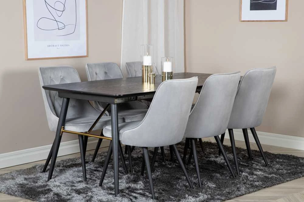 Venture Design Valgomojo stalas, auksinė išplėtimas, 180x85 cm, juodas, Valgomasis kėdė, Veltinio prabanga, 88.5x50 cm, šviesiai pilka