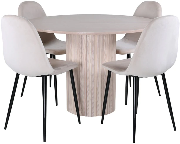 Venture Design Valgomojo stalas, Bianca apvalus, 110x74 cm, baltas plovimas juoda furniruota + Polar kėdė, bėžio spalva