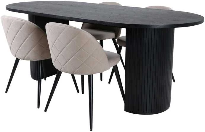 Venture Design Valgomojo stalas, Bianca ovalus, 200x90 cm, Juodas, Valgomasis kėdė, Velvet siūlai, 57x76.5x50 cm, kreminė.