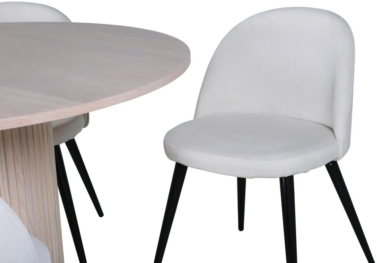 Venture Design Valgomojo stalas, Bianca apvalus, 110x74 cm, Baltas, Valgomasis kėdė, Velveto medžiaga, 57x76.5x50 cm, kreminė spalva