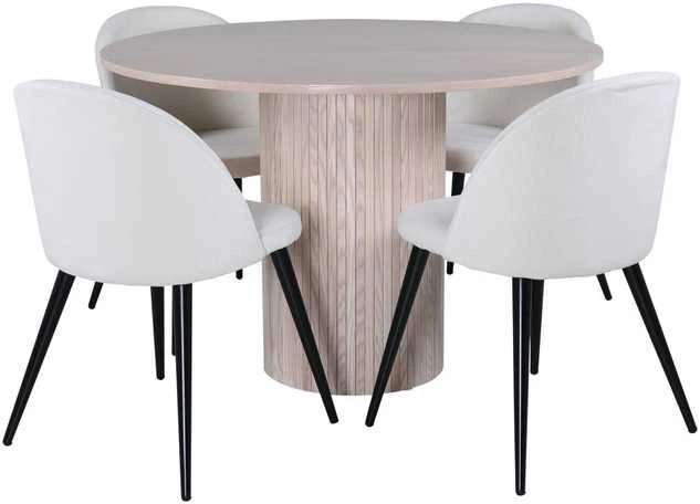 Venture Design Valgomojo stalas, Bianca apvalus, 110x74 cm, Baltas, Valgomasis kėdė, Velveto medžiaga, 57x76.5x50 cm, kreminė spalva
