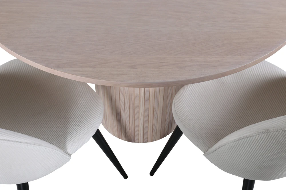 Venture Design Valgomojo stalas, Bianca apvalus, 110x74 cm, Baltas, Valgomasis kėdė, Velveto medžiaga, 57x76.5x50 cm, kreminė spalva