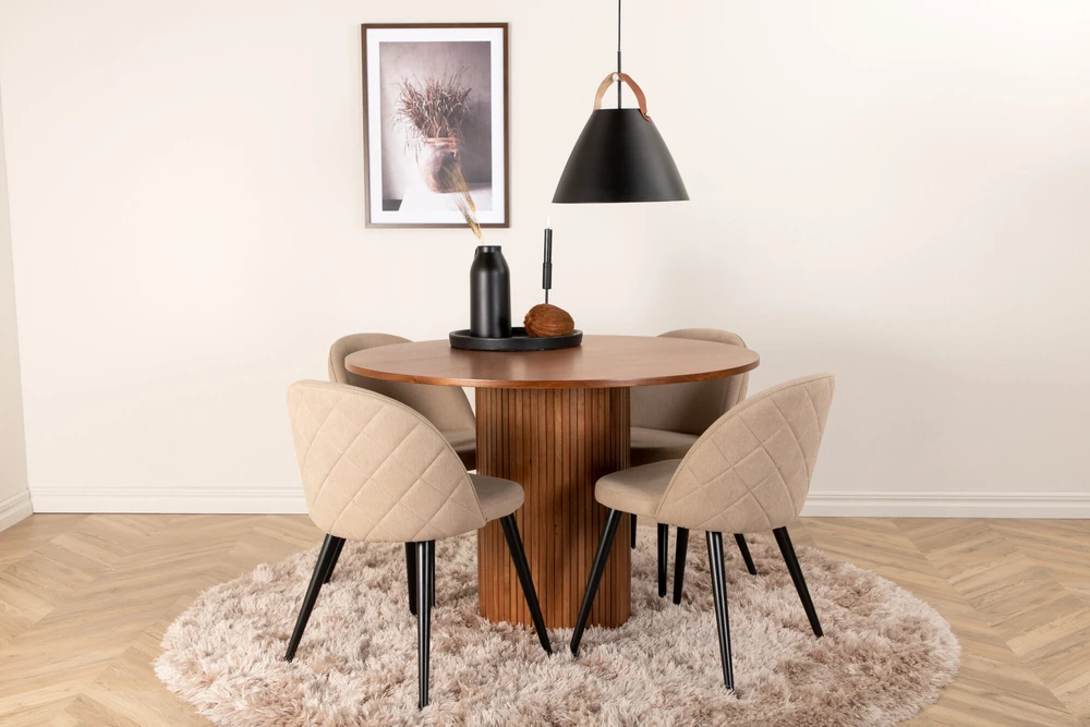 Venture Design Valgomojo stalas, Bianca apskritas, ⌀110 cm, Riešutas/Juoda, Valgomasis kėdė, Samtiniai siūlai, 57x76.5x50 cm, Bėžinis/Juodas