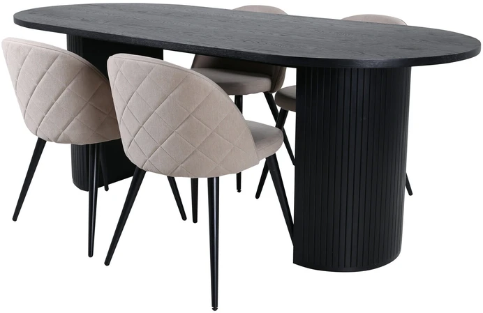 Venture Design Valgomojo stalas, Bianca ovalus, 200x90 cm, Juodas, Valgomasis kėdė, Velvet siūlai, 57x76.5x50 cm, Bėžinės.