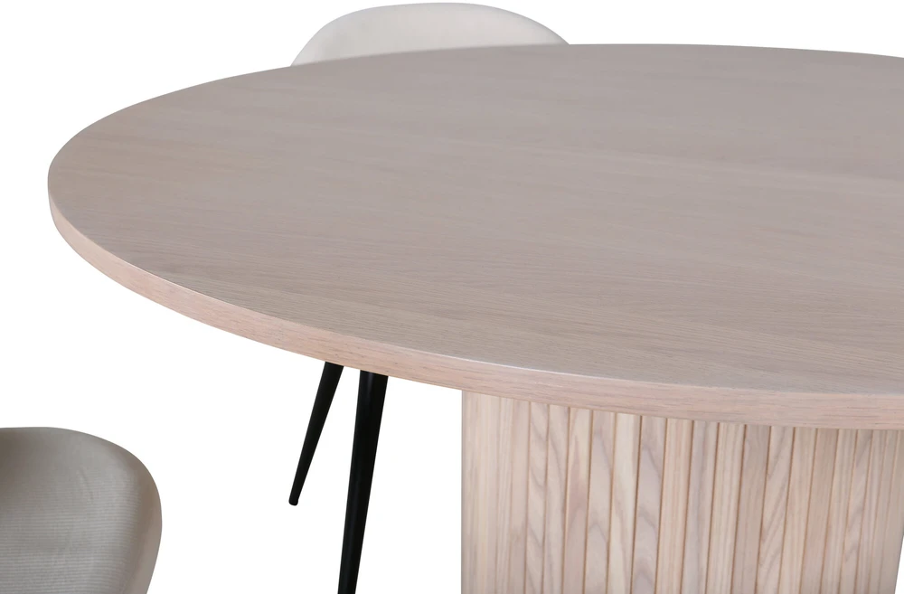Venture Design Valgomojo stalas, Bianca apvalus, 110x74 cm, Baltas, Valgomasis kėdė, Velveto medžiaga, 57x76.5x50 cm, kreminė spalva
