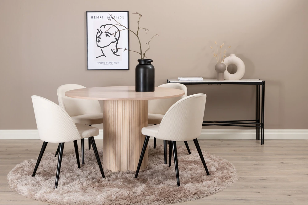 Venture Design Valgomojo stalas, Bianca apvalus, 110x74 cm, Baltas, Valgomasis kėdė, Velveto medžiaga, 57x76.5x50 cm, kreminė spalva