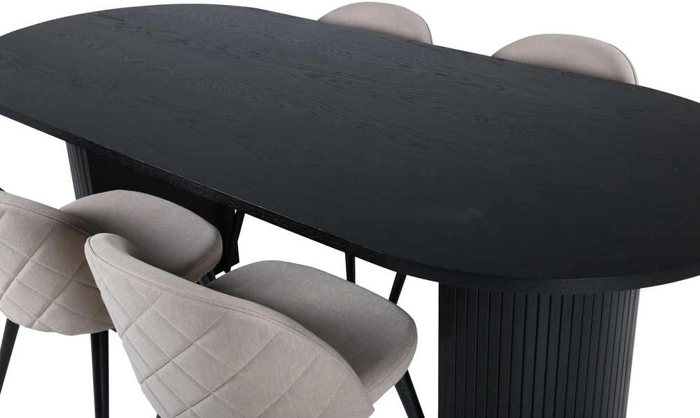 Venture Design Valgomojo stalas, Bianca ovalus, 200x90 cm, Juodas, Valgomasis kėdė, Velvet siūlai, 57x76.5x50 cm, kreminė.
