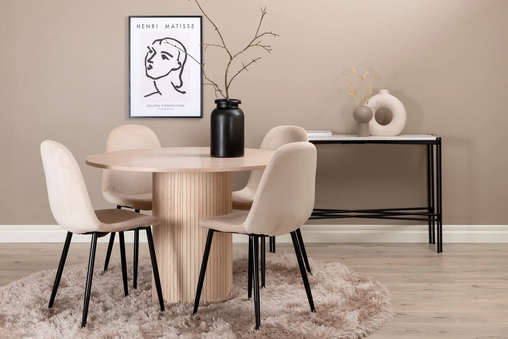 Venture Design Valgomojo stalas, Bianca apvalus, 110x74 cm, baltas plovimas juoda furniruota + Polar kėdė, bėžio spalva