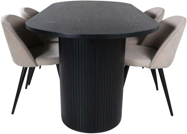Venture Design Valgomojo stalas, Bianca ovalus, 200x90 cm, Juodas, Valgomasis kėdė, Velvet siūlai, 57x76.5x50 cm, kreminė.