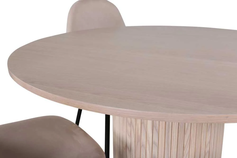 Venture Design Valgomojo stalas, Bianca apvalus, 110x74 cm, baltas plovimas juoda furniruota + Polar valgomasis kėdė, 53x88 cm, beždžio spalva