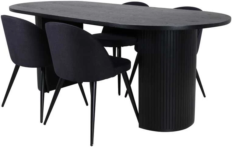 Venture Design Valgomojo stalas, Bianca Ovalus, 200x90 cm, Juodas, Valgomasis kėdė, Velvetinė, 76.5x50 cm, Juoda