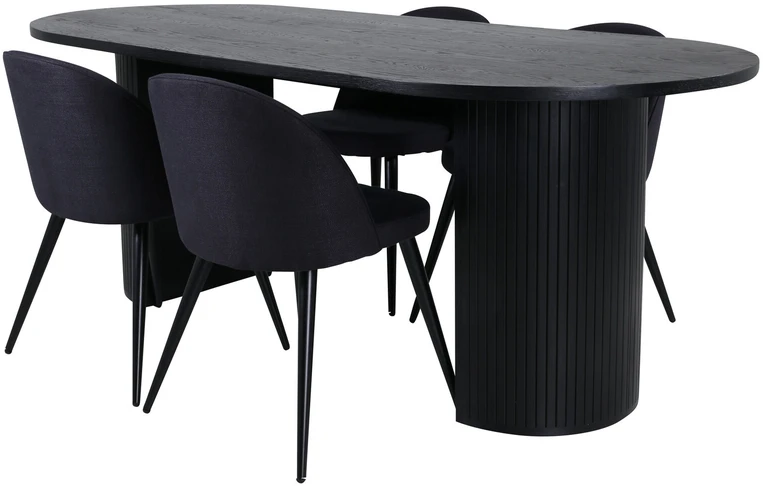 Venture Design Valgomojo stalas, Bianca Ovalus, 200x90 cm, Juodas, Valgomasis kėdė, Velvetinė, 76.5x50 cm, Juoda