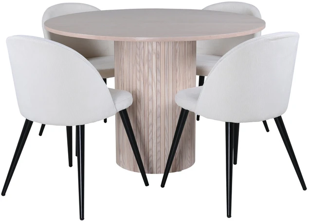 Venture Design Valgomojo stalas, Bianca apvalus, 110x74 cm, Baltas, Valgomasis kėdė, Velveto medžiaga, 57x76.5x50 cm, kreminė spalva
