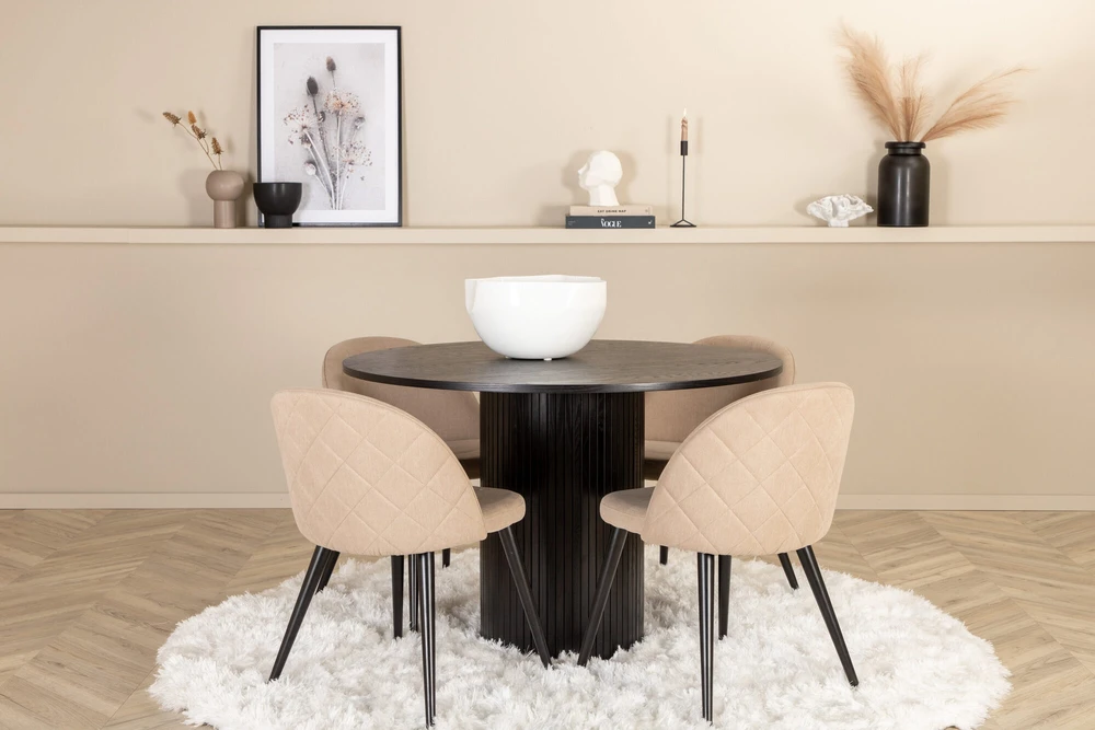 Venture Design Valgomojo stalas, Bianca, ⌀110 cm, Juodas, Valgomasis kėdė, Veltinio siūlai, 57x76.5x50 cm, kreminė spalvos