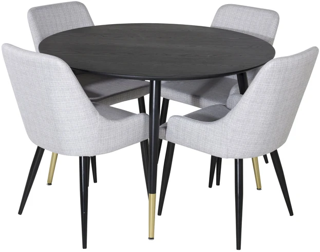 Venture Design Valgomojo stalas, Dipp, 115 cm, Juodas / Valgomasis kėdė, Plaza, 58x86x49 cm, Šviesiai pilka