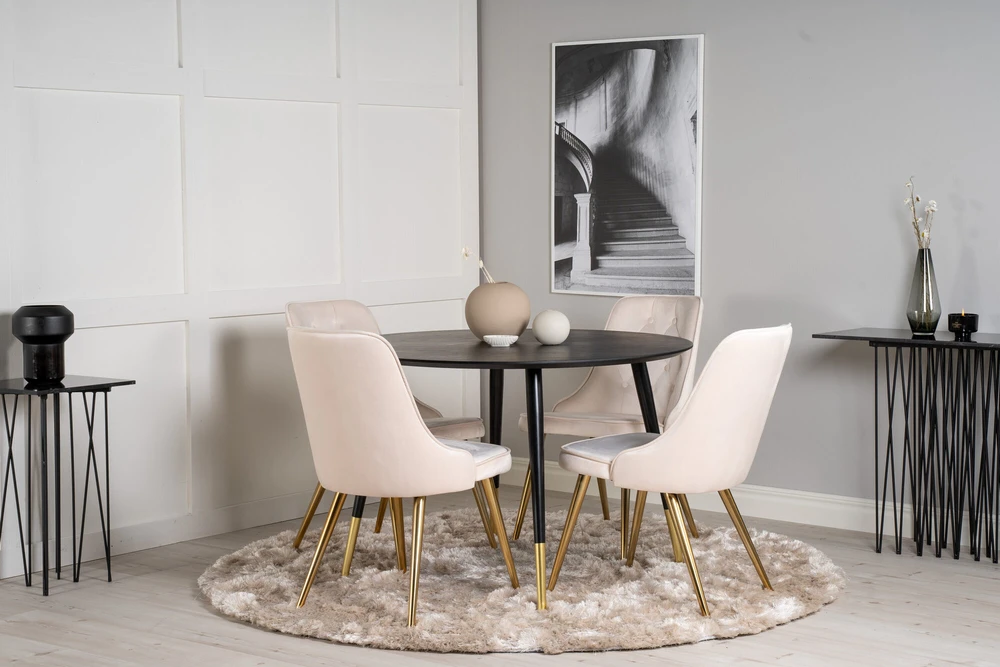 Venture Design Valgomojo stalas, Dipp, 115 cm, Juodas / Valgomasis kėdė, Velvet Deluxe, 66x88.5x50 cm, Beždžiovyšė