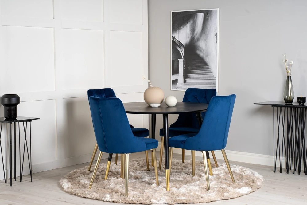 Venture Design Valgomojo stalas, Dipp, ⌀115 cm, Juodas, Velvečio prabanga kėdė, 66x88.5x50 cm, Mėlyna