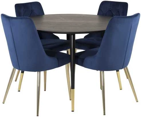 Venture Design Valgomojo stalas, Dipp, ⌀115 cm, Juodas, Velvečio prabanga kėdė, 66x88.5x50 cm, Mėlyna